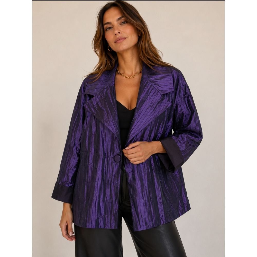PULI Purple Crushed Pleated Evening Jacket‎ Oversize Coat 90s Chic Vintage 12/42